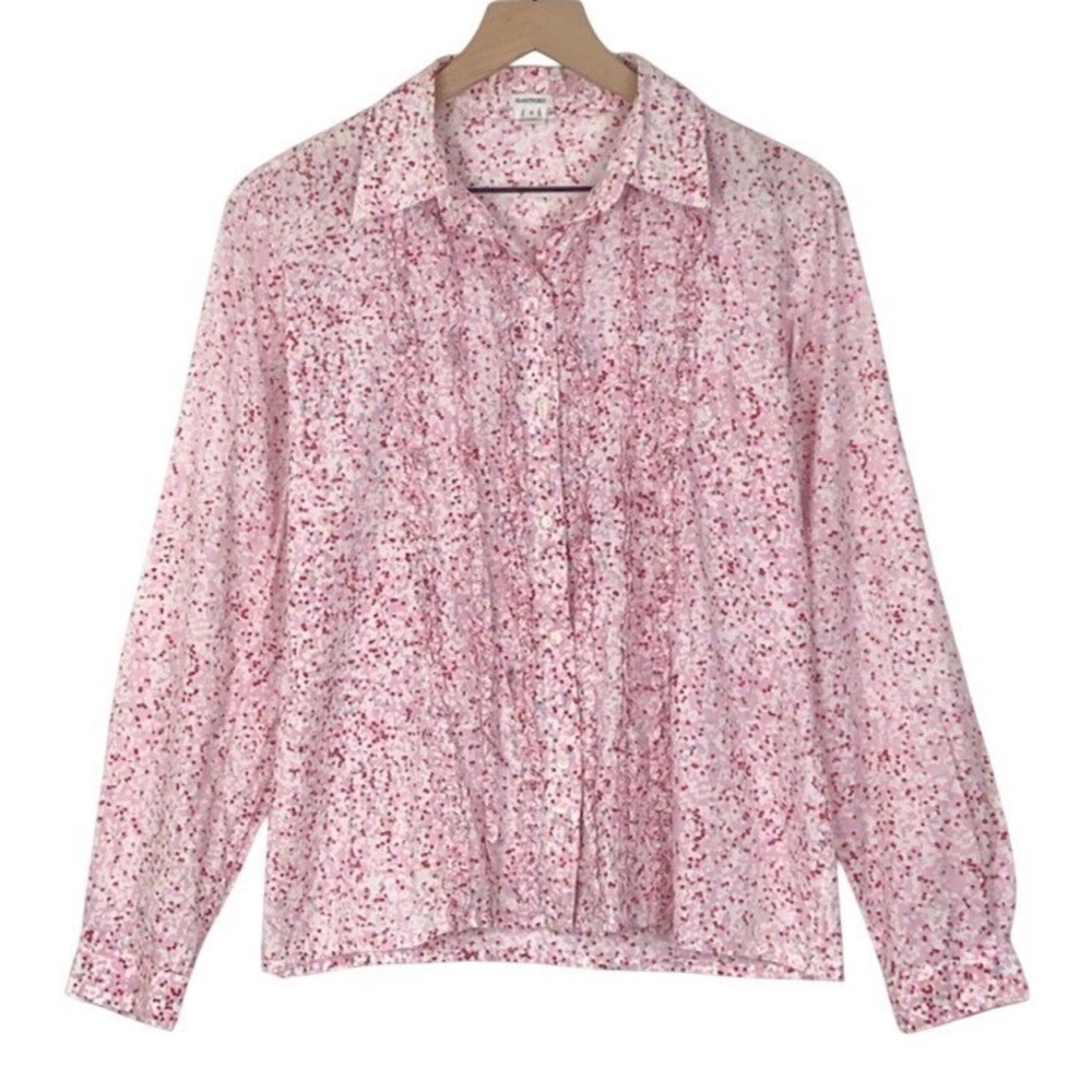 HARTFORD 100% Cotton Ruffled Button Up Shirt Womens Sz 4 (40") Pink Dots Cottage